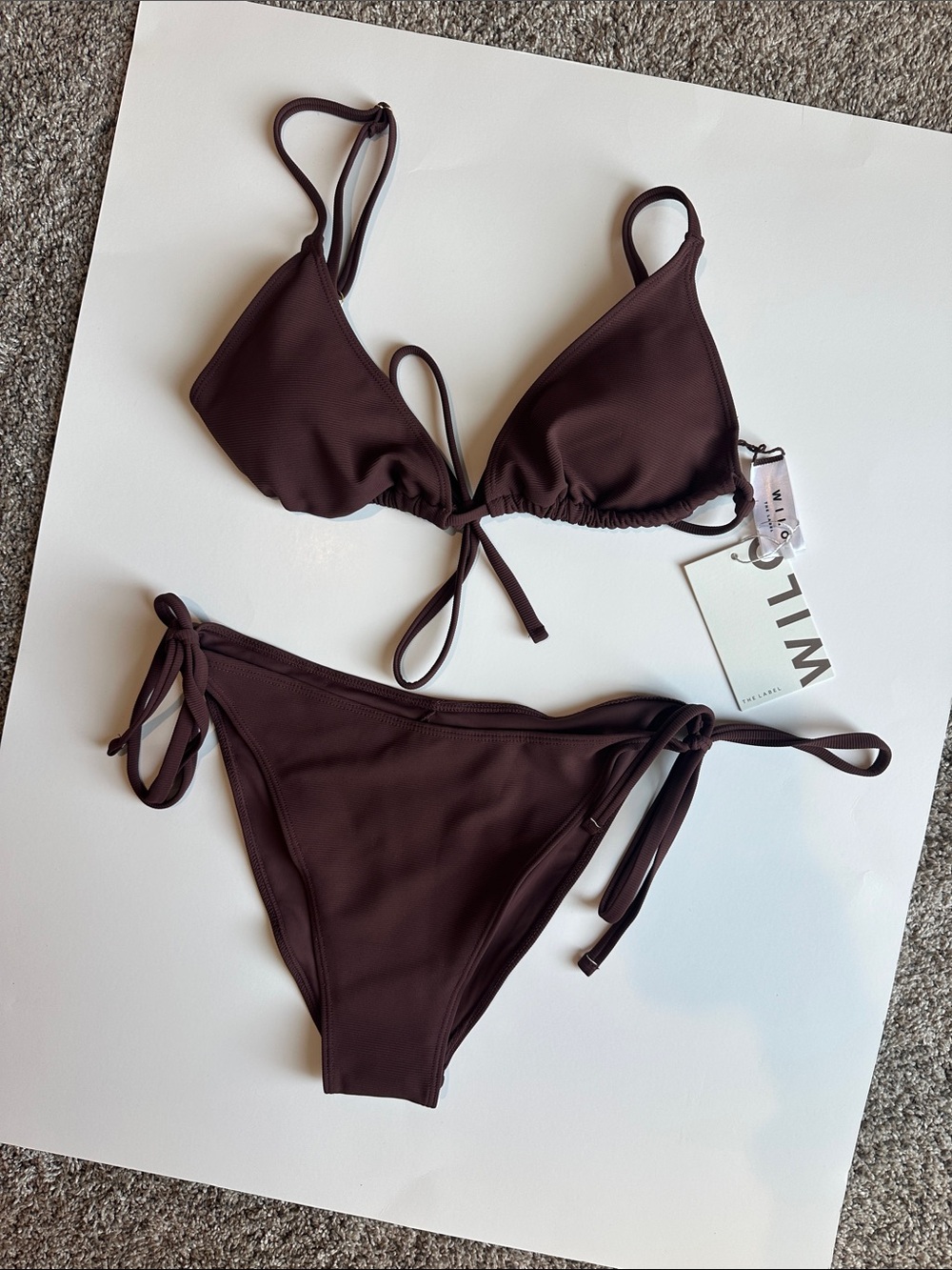 NEW Wilo The Label Ribbed Triangle String Bikini Set Chocolate Brown